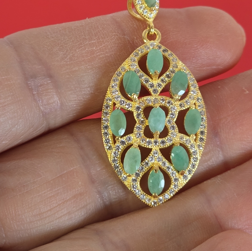 925 Sterling Silver Pendant 2x3cm with Natural Emeralds & CZ